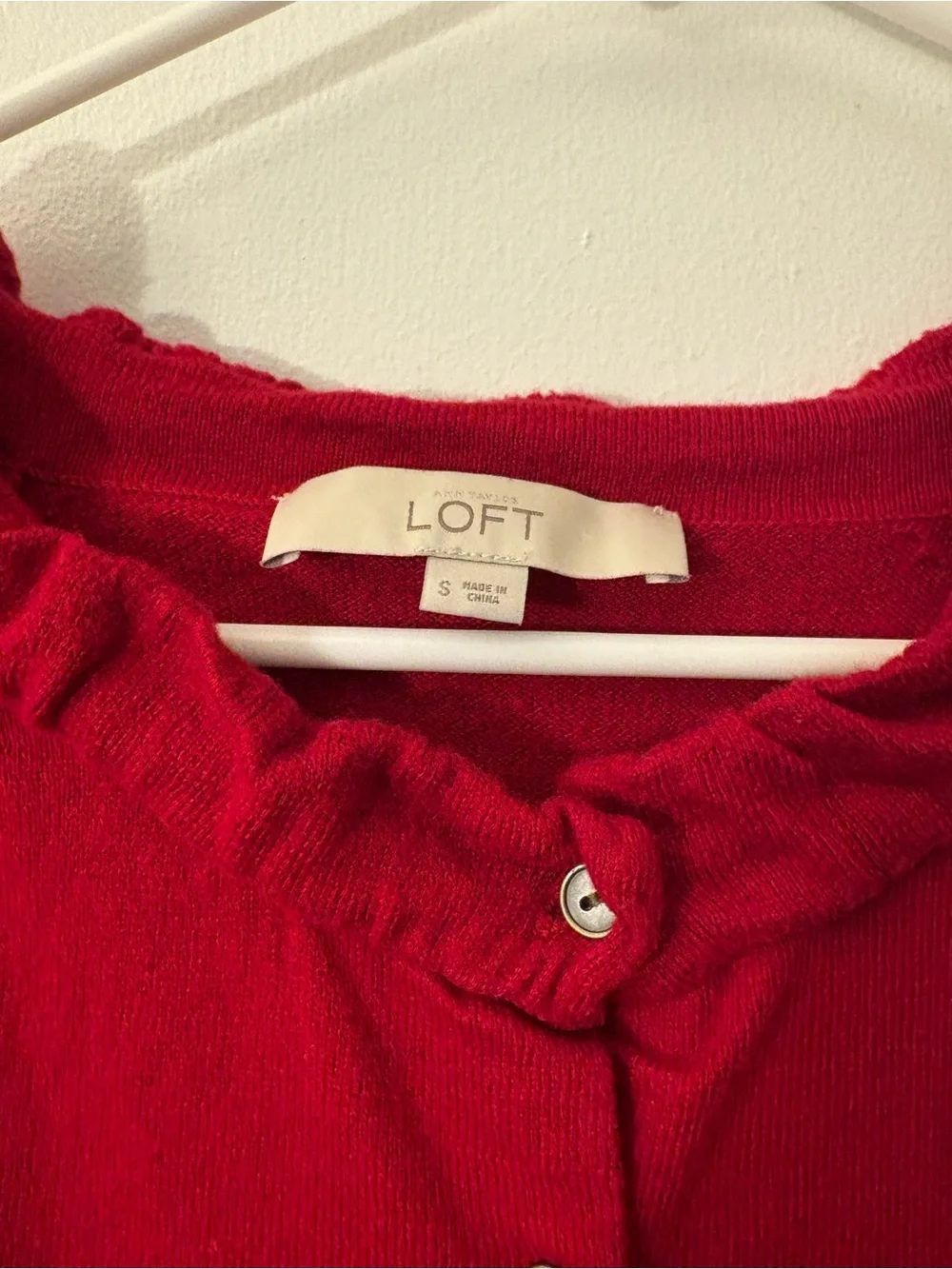 LOFT Red Ruffle-Trim Button Front Cardigan - Picture 3 of 4